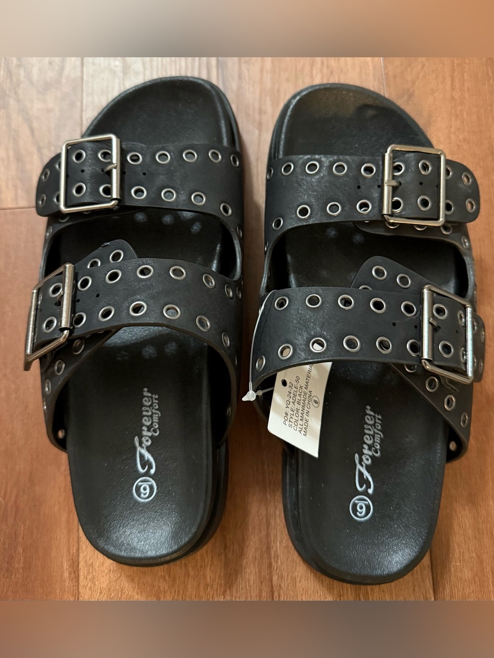 Women's Black Grommet Double-Buckle Slide Sandals